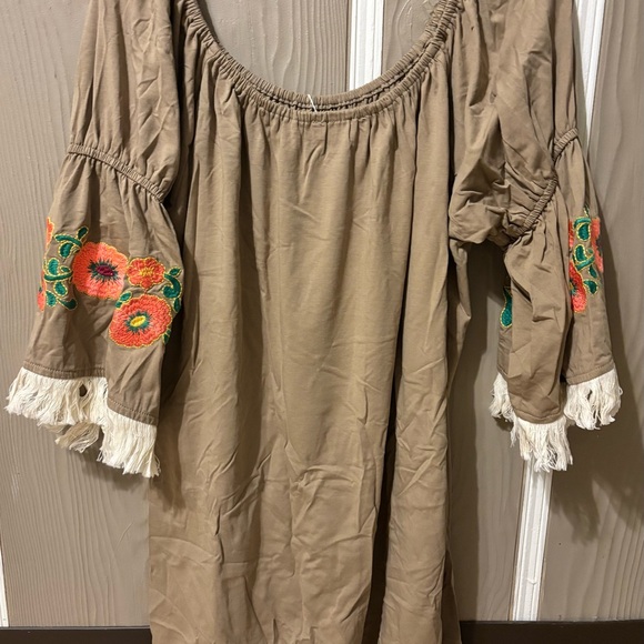 Umgee Tan Peasant Blouse with Orange Floral Embroidery and Fringe - Picture 2 of 4